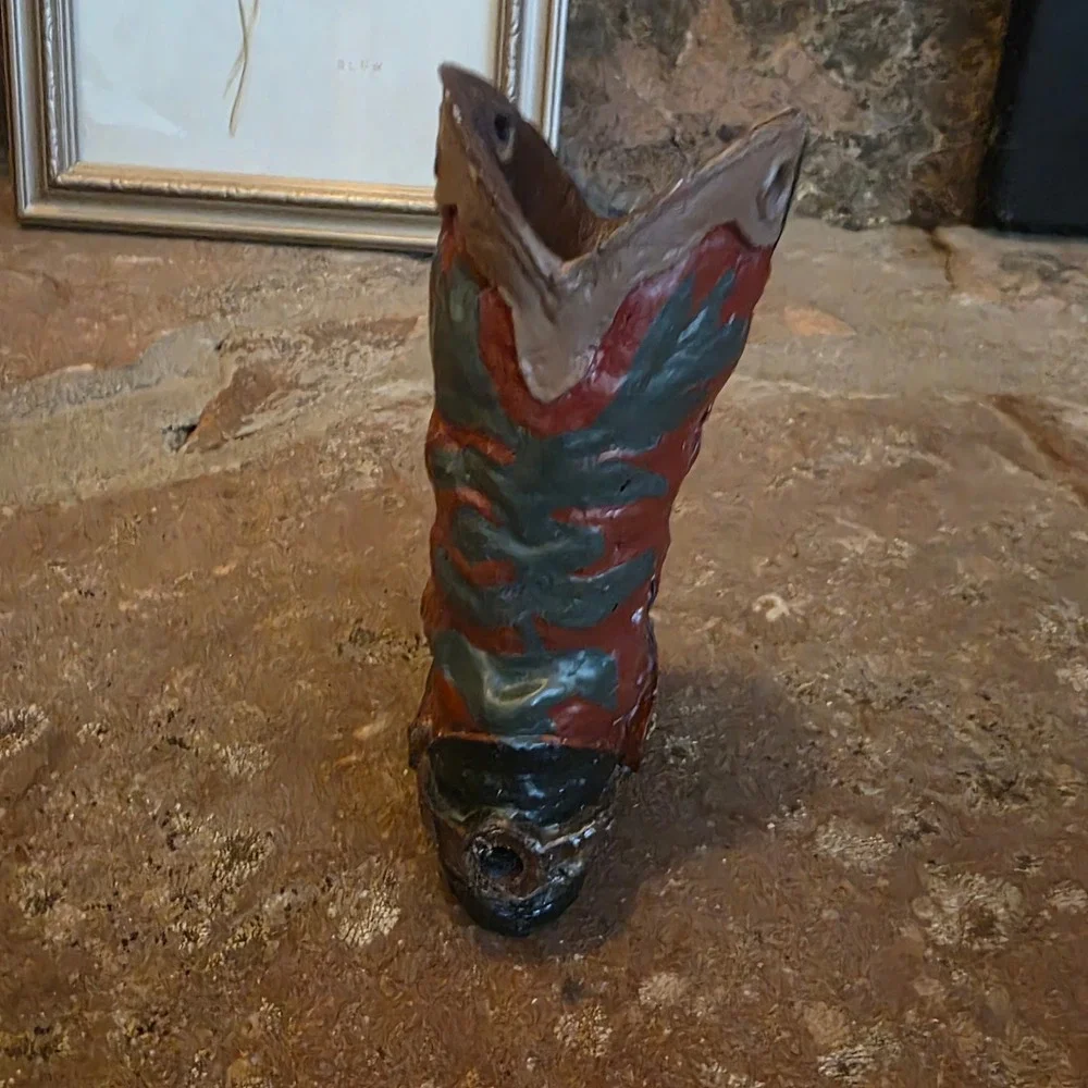 Vintage Western Cowboy Boot Figurine Red Black Star Studded Decorative Vase 4.5
